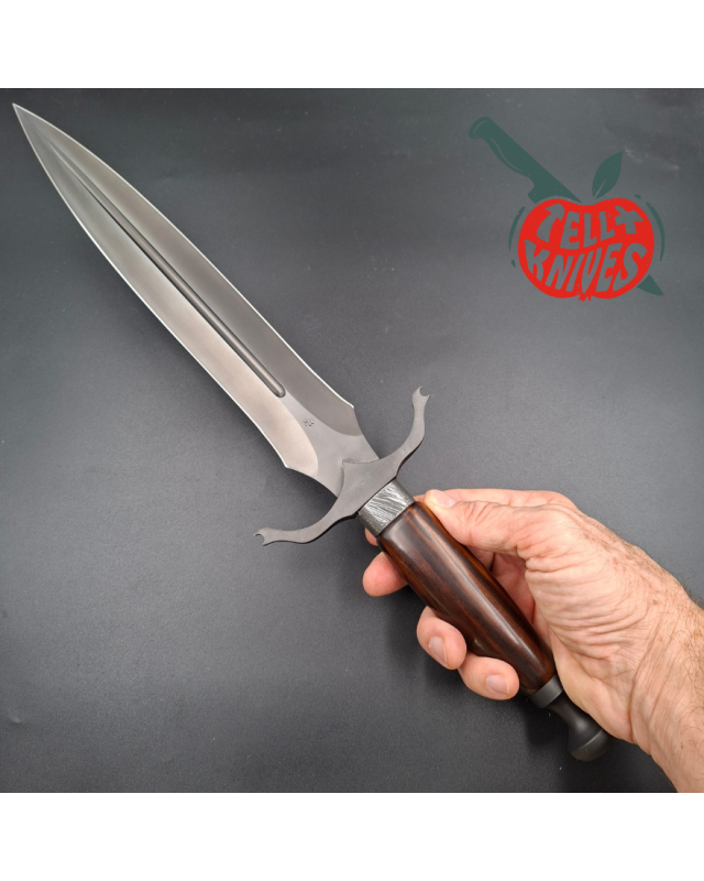 Michal Komorovsky Hunting Dagger Sleipner steel black DLC coating Arizona Ironwood handle brown leather sheath