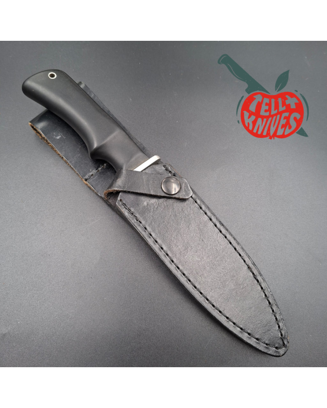 Blackjack Knives Model AWAC fixed blade knife Sandvik 12C27 Stainless Steel blade black micarta handle black leather she