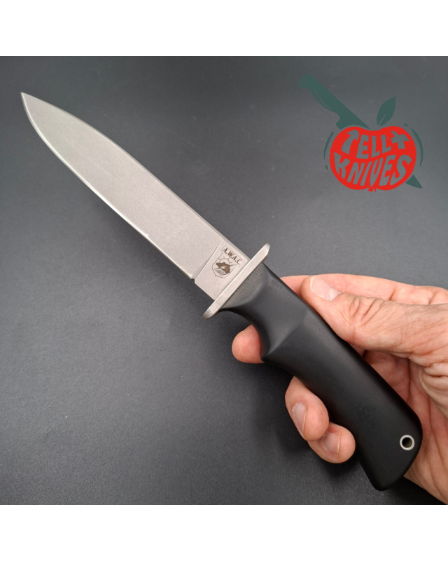 Blackjack Knives Model AWAC fixed blade knife Sandvik 12C27 Stainless Steel blade black micarta handle black leather she