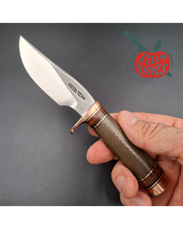 Randall Made Knives Model 27 Mini Copper forged stainless steel green micarta and stacked leather handle copper guard an