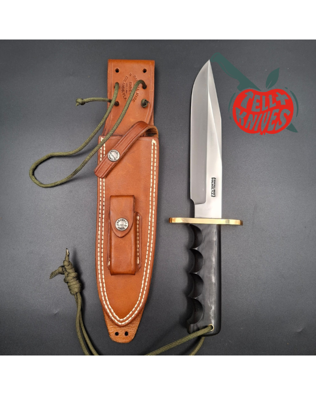 Randall Made Knives 1999 Model 14 - 7.5 full tang forged carbon steel brass guard black micarta handle brown leather she