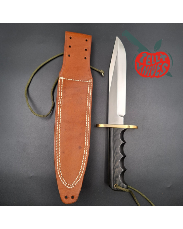 Randall Made Knives 1999 Model 14 - 7.5 full tang forged carbon steel brass guard black micarta handle brown leather she