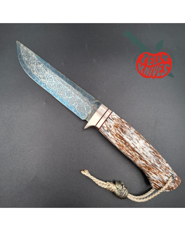 Sergey Shidlovskiy Custom Knives Model YETI Mosaic Damascus blue blade white epoxy stabilized oak wood handle