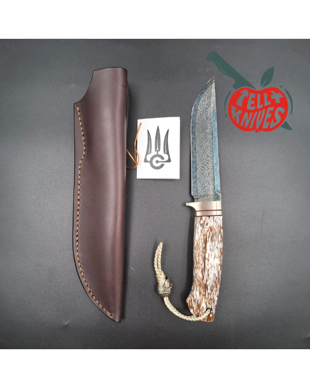 Sergey Shidlovskiy Custom Knives Model YETI Mosaic Damascus blue blade white epoxy stabilized oak wood handle