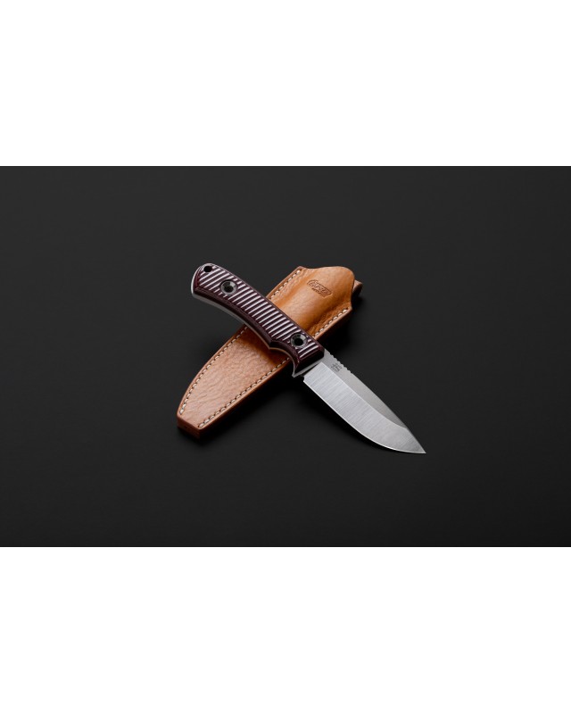 TRC Knives Polheim RWL-34 steel Satin Finish Maroon Micarta handle brown leather sheath TRC 15th Anniversary Limited Edi
