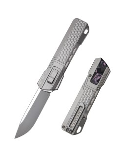 Remette Leopard M390 premium steel light gray titanium handle Purple Carbon Fiber inlay gravity knife (OTF Manual Swiss Legal)