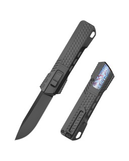 Remette Leopard M390 steel black DLC finish blade black titanium handle Timascus inlay gravity knife (OTF Manual Swiss Legal)