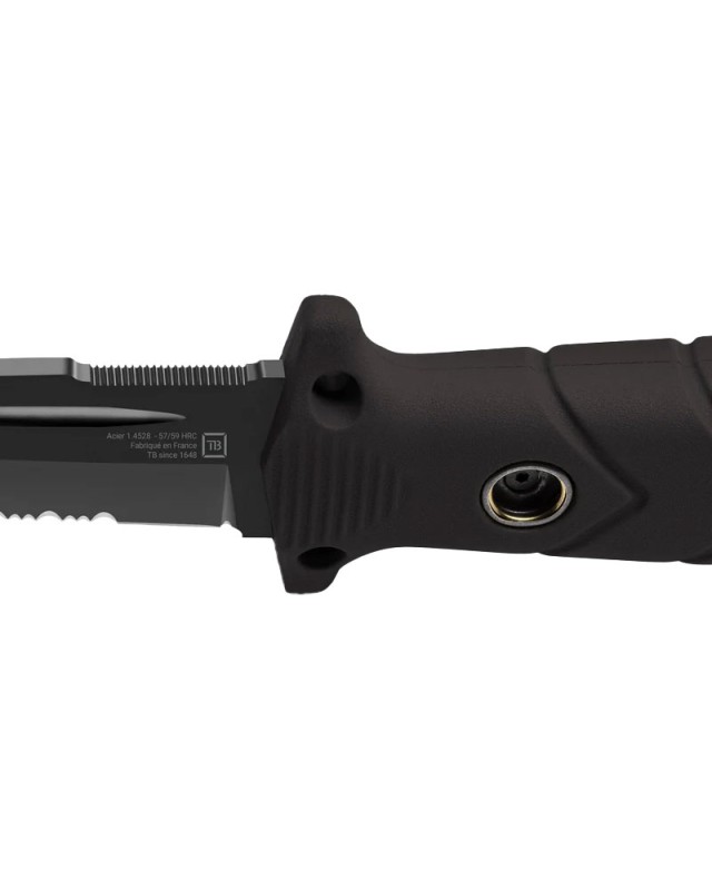 TB Outdoor Le Vengeur Tanto serrated fixed blade MOX steel black finish PA6 handle black kydex sheath