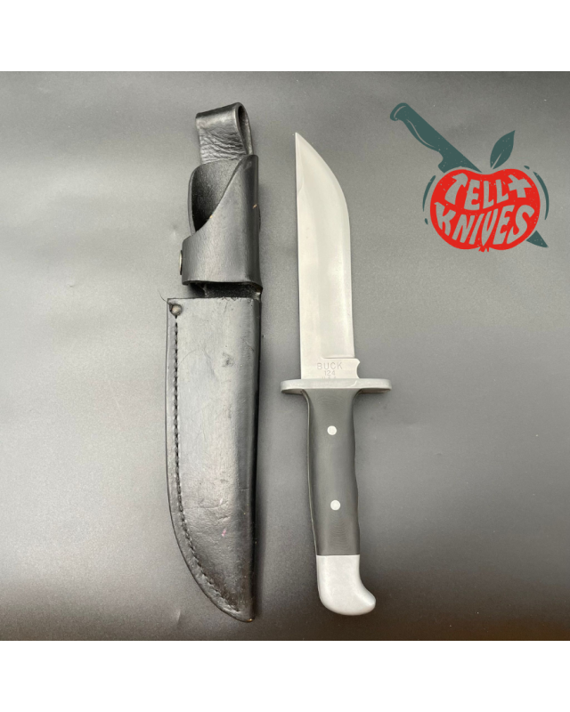 Vintage Buck 124 Frontiersman Fixed Blade Full Tang 420HC Steel Integral Sand Blasted Black Micarta Handle Black Leather