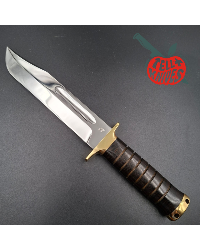 Jean Tanazacq 1990 Modèle USMC acier 440C forgé finition miroir garde laiton manche micarta étui cuir