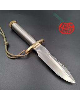 Randall Made Knives Vietnam Era Model 18 5.5 forged stainless steel tubular handle brass guard brown leather sheath