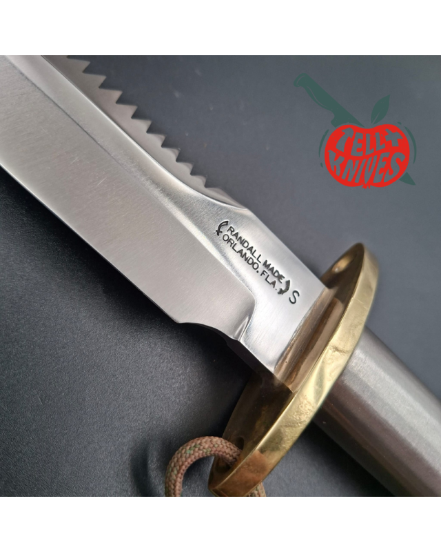 Randall Made Knives Vietnam Era Model 18 5.5 forged stainless steel tubular handle brass guard brown leather sheath