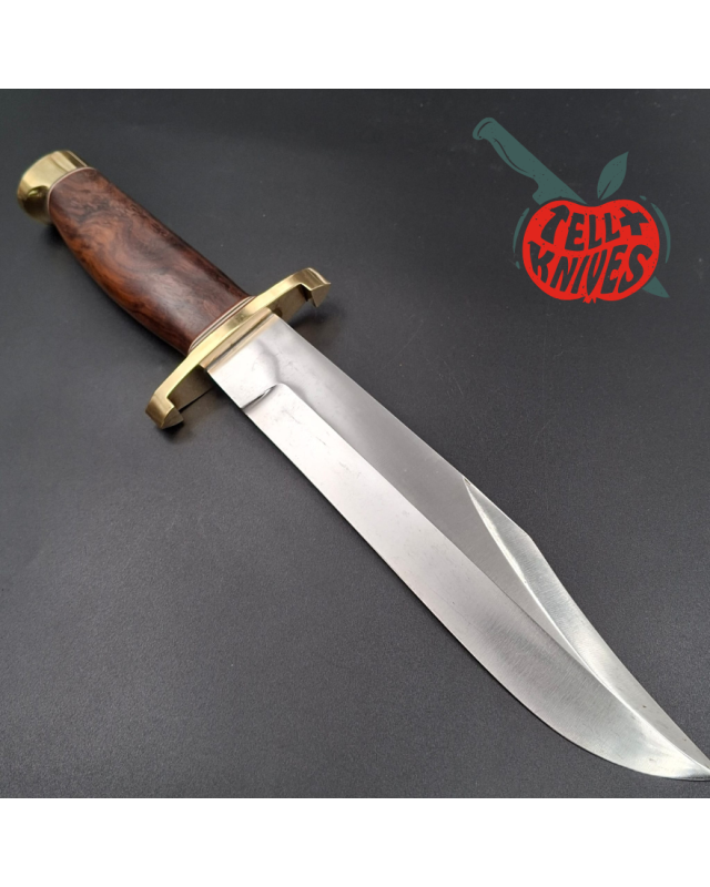 Randall Made Knives Model 12-9 Sportsman Bowie forged carbon steel walnut wood handle brass guard and pommel brown leather