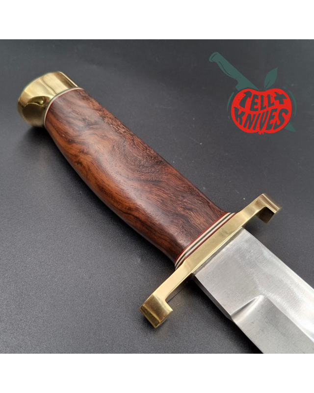 Randall Made Knives Model 12-9 Sportsman Bowie forged carbon steel walnut wood handle brass guard and pommel brown leather