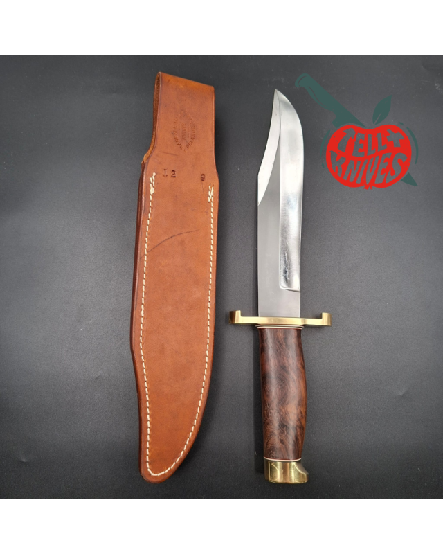 Randall Made Knives Model 12-9 Sportsman Bowie forged carbon steel walnut wood handle brass guard and pommel brown leather