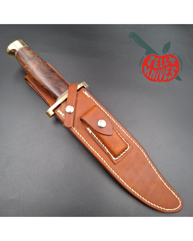 Randall Made Knives Model 12-9 Sportsman Bowie forged carbon steel walnut wood handle brass guard and pommel brown leather