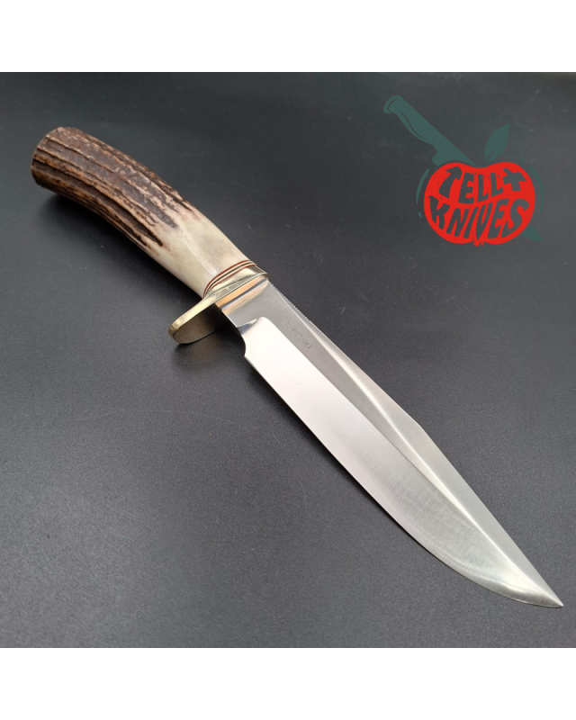 Randall Made Knives 1991 Model 5 - 6 Camp And Trail forged carbon steel stag handle nickel silver guard brown leather sheath