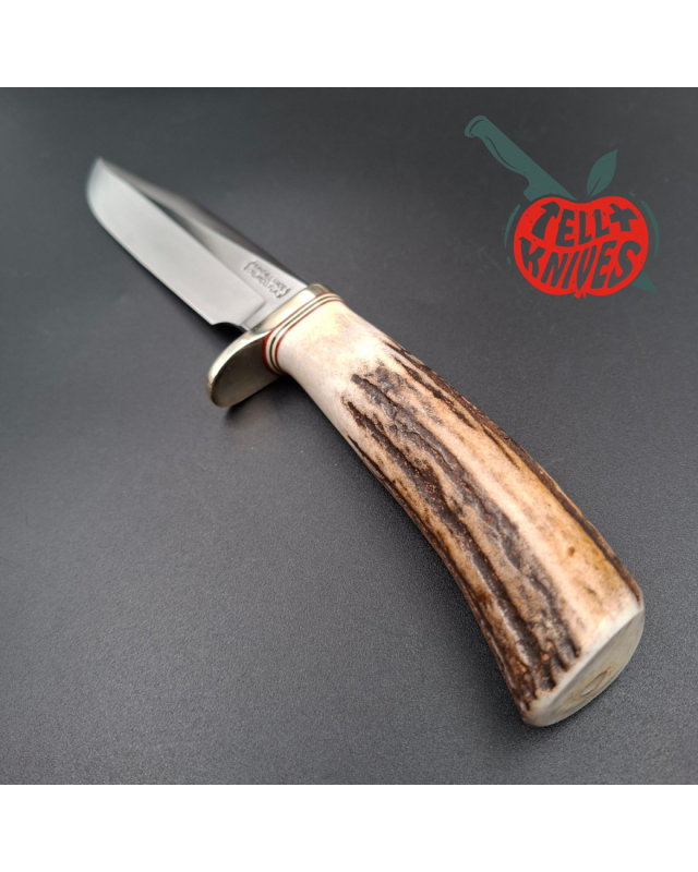 Randall Made Knives 1991 Model 5 - 6 Camp And Trail forged carbon steel stag handle nickel silver guard brown leather sheath