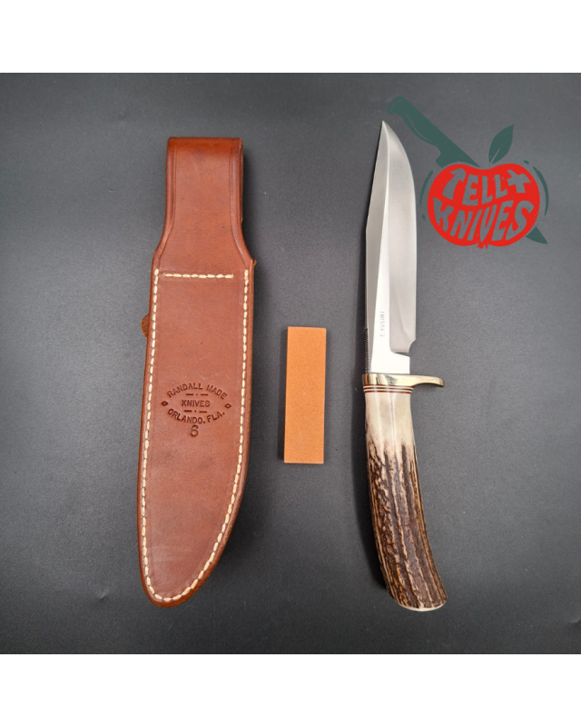 Randall Made Knives 1991 Model 5 - 6 Camp And Trail forged carbon steel stag handle nickel silver guard brown leather sheath