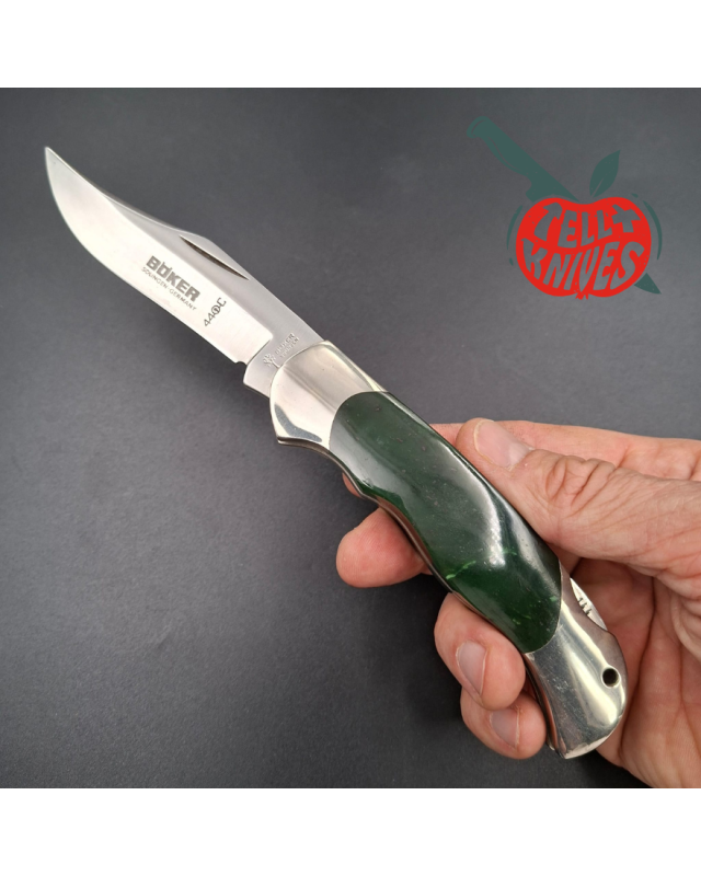 BÖKER Soligen Optima folding knife 1998 Limited Edition 440C stainless steel blade green stone handle
