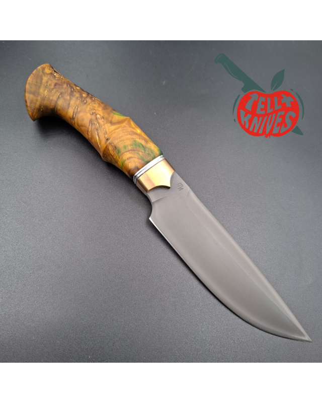 Michal Komorovsky Hunting Knife K390 steel Cryo treatment black DLC coating 62HRC stabilized maple wood handle brown leather