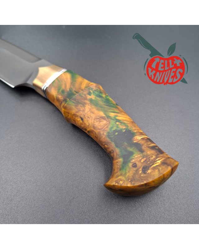 Michal Komorovsky Hunting Knife K390 steel Cryo treatment black DLC coating 62HRC stabilized maple wood handle brown leather