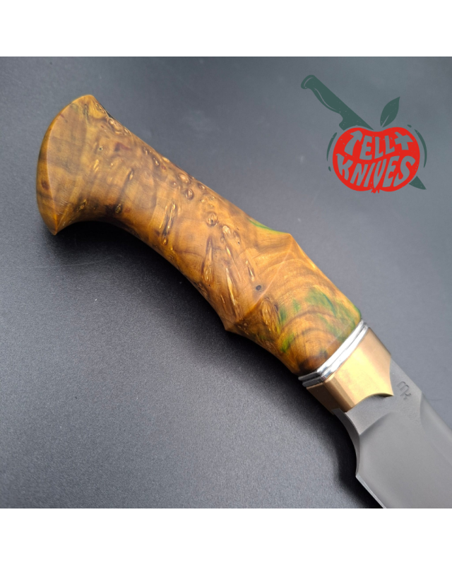 Michal Komorovsky Hunting Knife K390 steel Cryo treatment black DLC coating 62HRC stabilized maple wood handle brown lea