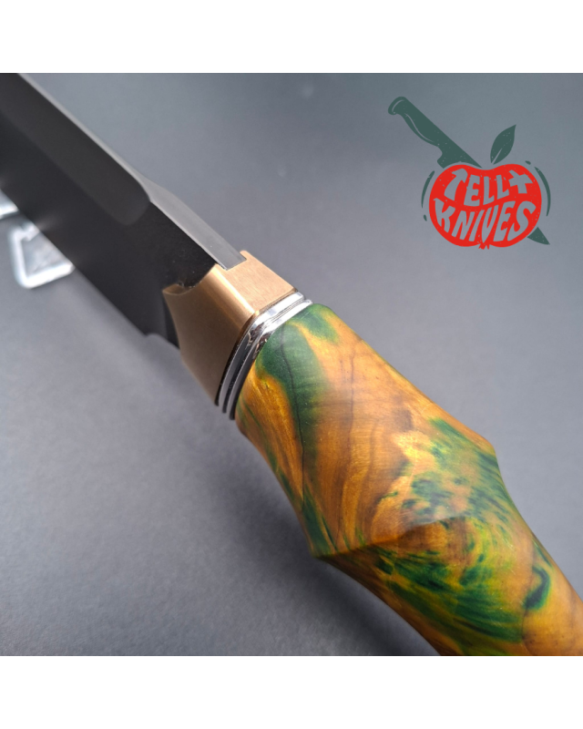 Michal Komorovsky Hunting Knife K390 steel Cryo treatment black DLC coating 62HRC stabilized maple wood handle brown leather