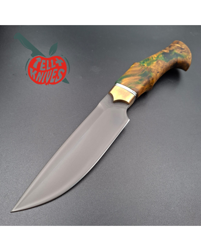 Michal Komorovsky Hunting Knife K390 steel Cryo treatment black DLC coating 62HRC stabilized maple wood handle brown leather