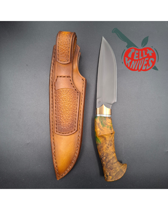 Michal Komorovsky Hunting Knife K390 steel Cryo treatment black DLC coating 62HRC stabilized maple wood handle brown leather