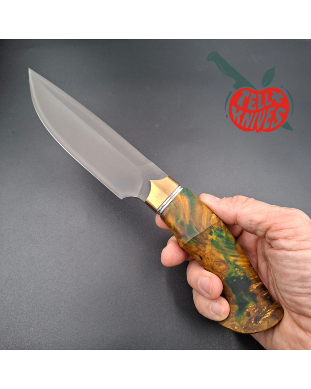 Michal Komorovsky Hunting Knife K390 steel Cryo treatment black DLC coating 62HRC stabilized maple wood handle brown lea