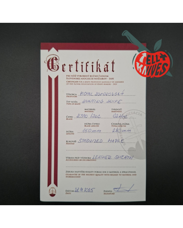 Michal Komorovsky Hunting Knife K390 steel Cryo treatment black DLC coating 62HRC stabilized maple wood handle brown leather