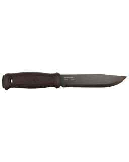 MORA Garberg Grand Carbone C100S steel DLC black finish maroon polymer handle brown leather sheath