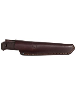 MORA Garberg Grand Carbone C100S steel DLC black finish maroon polymer handle brown leather sheath