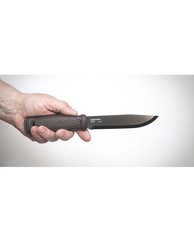 MORA Garberg Grand Carbone C100S steel DLC black finish maroon polymer handle brown leather sheath