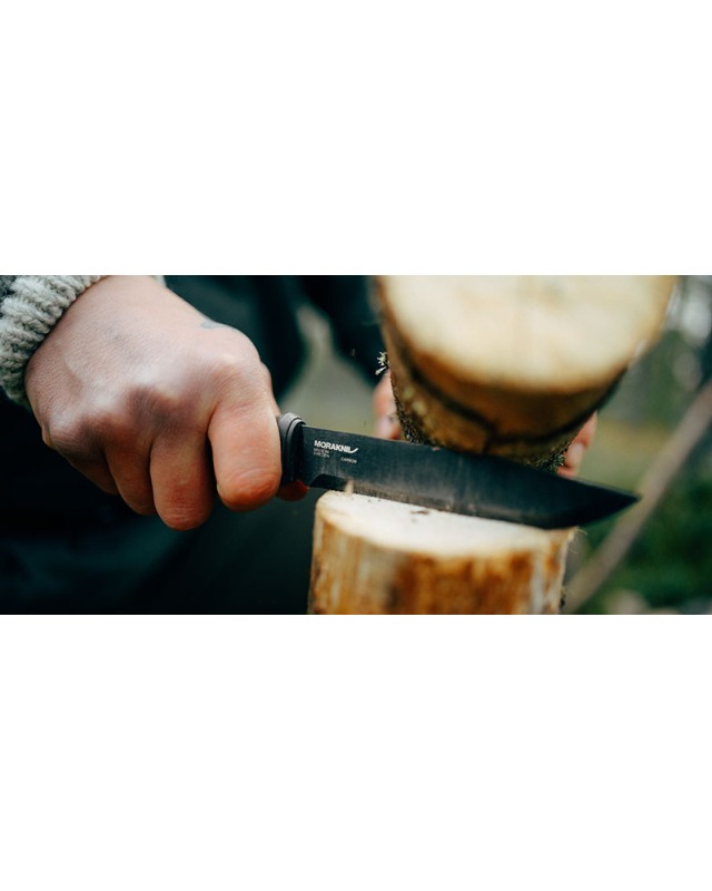 MORA Garberg Grand Carbone C100S steel DLC black finish maroon polymer handle brown leather sheath