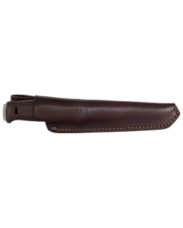 MORA Garberg Grand Stainless 14C28N steel satin finish maroon polymer handle brown leather sheath