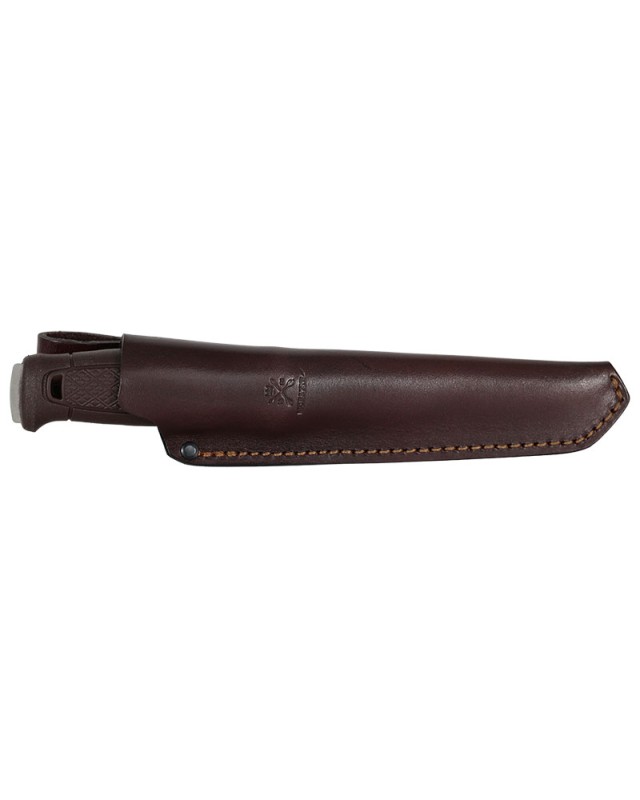 MORA Garberg Grand Stainless 14C28N steel satin finish maroon polymer handle brown leather sheath