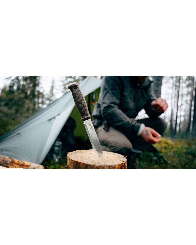 MORA Garberg Grand Stainless 14C28N steel satin finish maroon polymer handle brown leather sheath