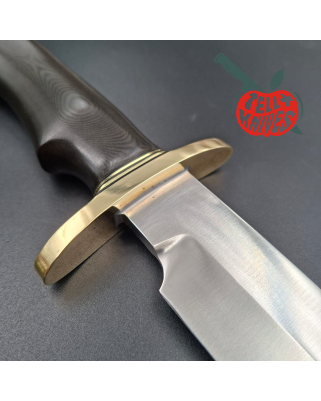 Randall Made Knives Model 14 - 7.5 forged carbon steel brass double forward curved hilt black micarta handle brown leather