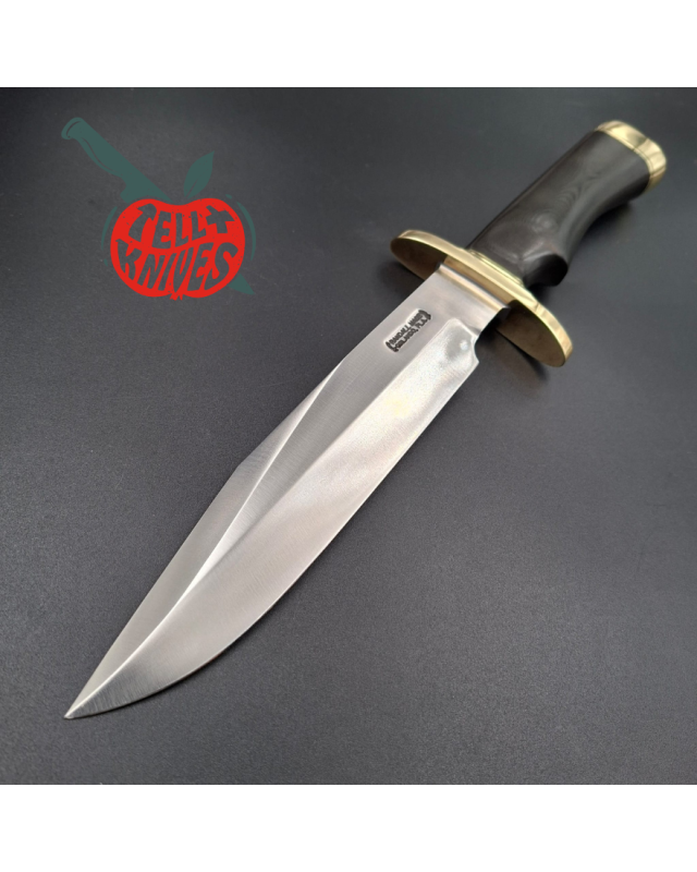 Randall Made Knives Model 14 - 7.5 forged carbon steel brass double forward curved hilt black micarta handle brown leather