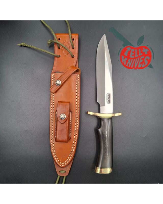 Randall Made Knives Model 14 - 7.5 forged carbon steel brass double forward curved hilt black micarta handle brown leather