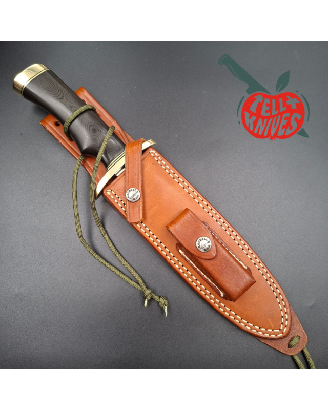 Randall Made Knives Model 14 - 7.5 forged carbon steel brass double forward curved hilt black micarta handle brown leather