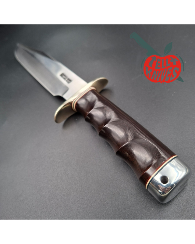 Randall Made Knives Model 14 - 7.5 forged carbon steel blade Nickel Silver guard and pommel black micarta handle brown leather