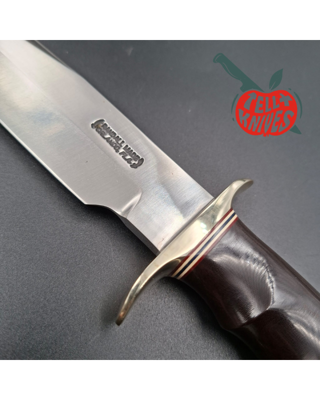 Randall Made Knives Model 14 - 7.5 forged carbon steel blade Nickel Silver guard and pommel black micarta handle brown leather