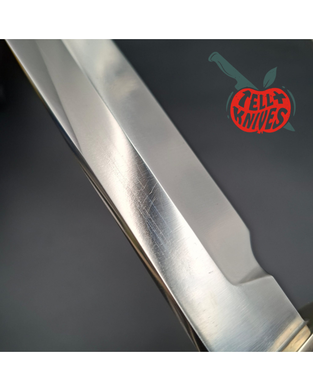 Randall Made Knives Model 14 - 7.5 forged carbon steel blade Nickel Silver guard and pommel black micarta handle brown leather