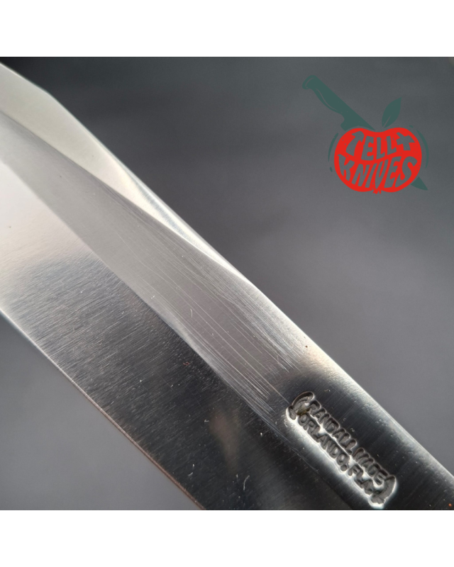 Randall Made Knives Model 14 - 7.5 forged carbon steel blade Nickel Silver guard and pommel black micarta handle brown leather