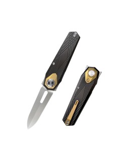 Remette Infinite Power  M390 steel stonewash finish blade black and gold titanium handle Dagger blade Swiss Legal