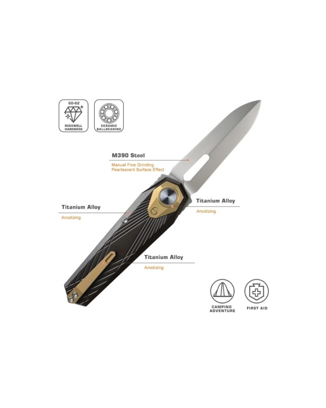 Remette Infinite Power  M390 steel stonewash finish blade black and gold titanium handle Dagger blade Swiss Legal