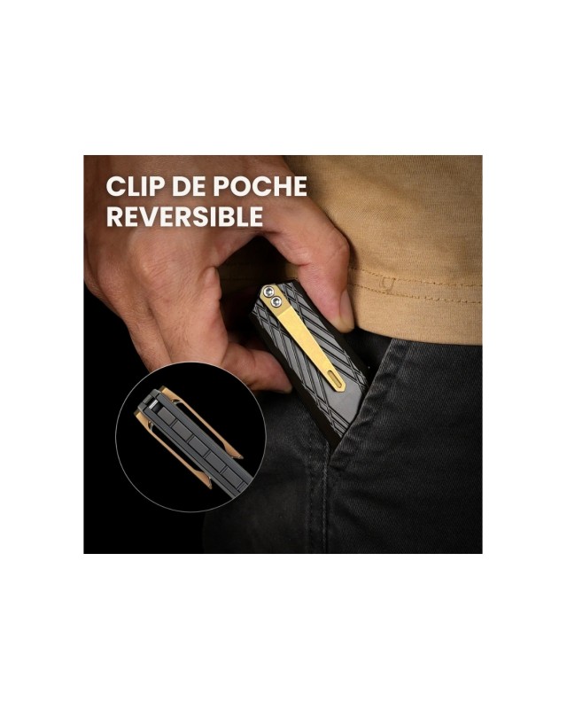 Remette Infinite Power  M390 steel stonewash finish blade black and gold titanium handle Dagger blade Swiss Legal